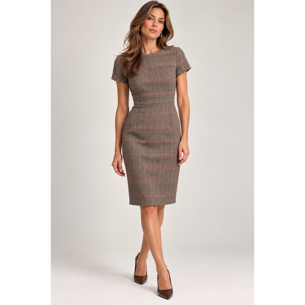 Vtg. David Warren Petites Brown Glen Plaid Sheath Dress Short Sleeve 8P USA Made